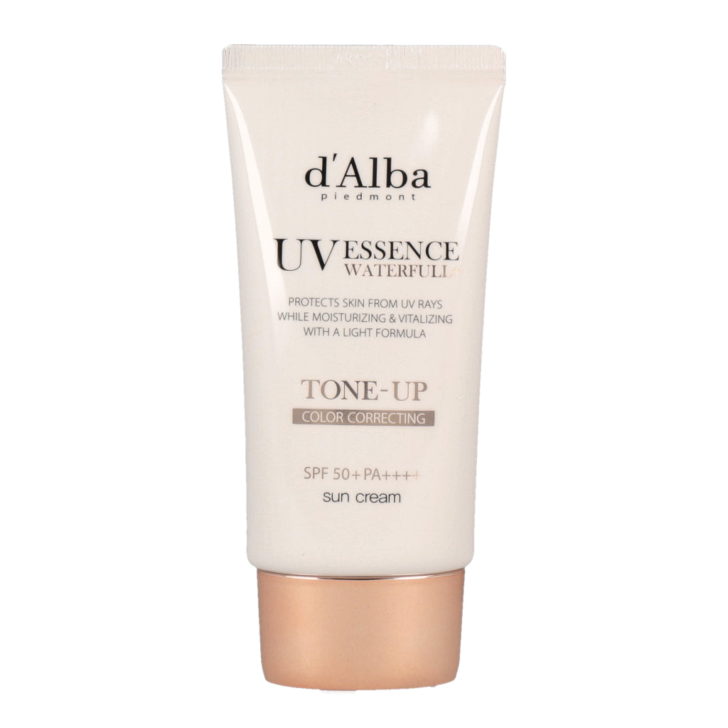 A 50ml tube of d’Alba Waterfull Tone Up Sunscreen SPF50+ PA++++ cream for sun protection.
