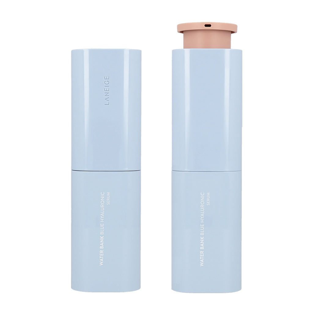 Two bottles of makeup, one blue and one pink, showcasing LANEIGE Water Bank Blue Hyaluronic Serum 50ml.