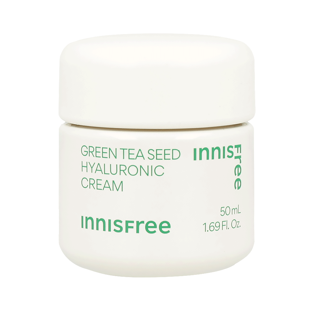 A 50ml jar of innisfree green tea seed hyaluronic cream, perfect for hydrating your skin with the power of green tea.
