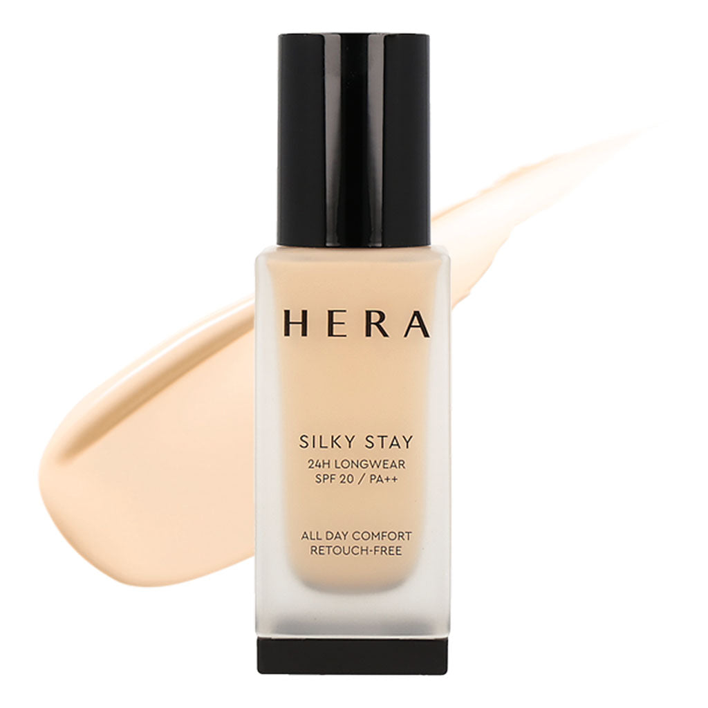 HERA Silky Stay 24H Longwear SPF20 PA++ 30g: A 30g container of HERA Silky Stay foundation with SPF20 PA++ for all-day coverage.