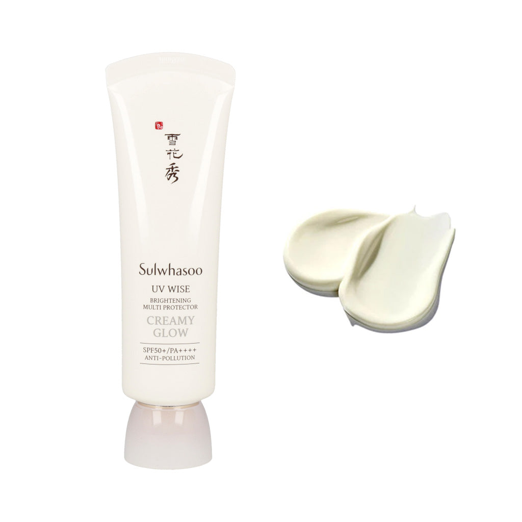 Sulwhasoo white cream and tube of cream, next to Sulwhasoo UV Wise Brightening Multi Protector SPF50+ PA++++ 50ml.
